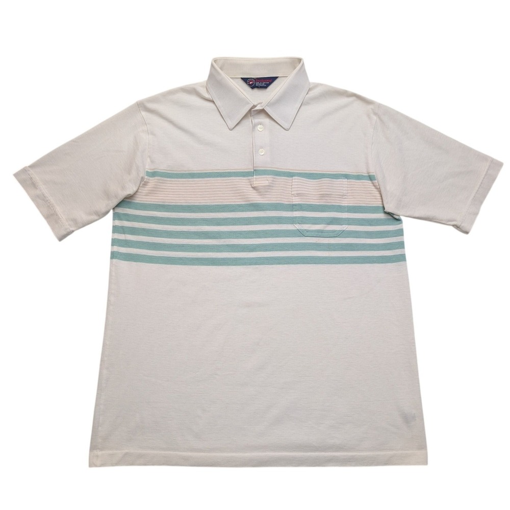 Vintage 90s Arrow Tournament Polo Shirt Mens Large Cream Teal Striped‎ Pocket